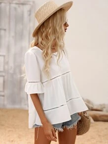 Breezaya Guipure Lace Insert Flounce Sleeve Ruffle Hem Blouse Peplum Top - White - View 3
