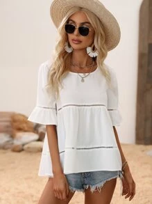 Breezaya Guipure Lace Insert Flounce Sleeve Ruffle Hem Blouse Peplum Top - White - View 6