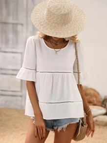 Breezaya Guipure Lace Insert Flounce Sleeve Ruffle Hem Blouse Peplum Top - White - View 7