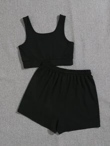 Bộ đồ hai mảnh nữ Dây kéo Lá thư Giải trí - màu đen - Xem 2