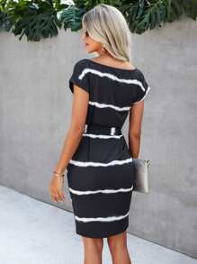 EMERY ROSE Striped Boat Neck Belted Dress - Black - View 2