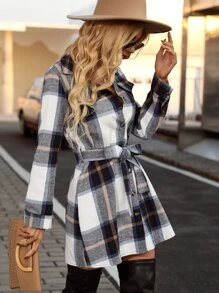 EMERY ROSE Plaid Single Breasted Belted Shirt Dress Fall Cloth For Women - Multicolor - View 4