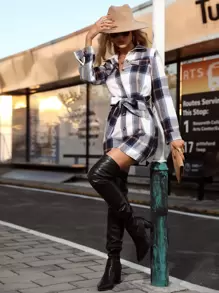 EMERY ROSE Plaid Single Breasted Belted Shirt Dress Fall Cloth For Women - Multicolor - View 5