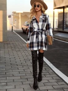 EMERY ROSE Plaid Single Breasted Belted Shirt Dress Fall Cloth For Women - Multicolor - View 6