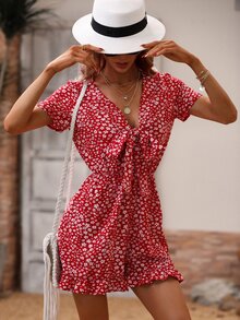 Áo liền quần nữ Viên lá sen Thắt nơ trước Họa tiết hoa Boho - Đỏ và trắng - Xem 5