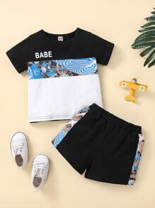 Đứa bé trai Chữ cái và In hoa Khối màu Áo thun & quần đùi - Nhiều màu - Xem 1