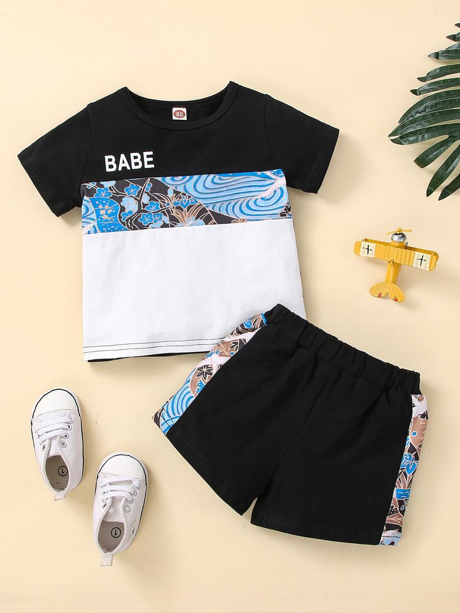 Đứa bé trai Chữ cái và In hoa Khối màu Áo thun & quần đùi - Nhiều màu - Xem 1