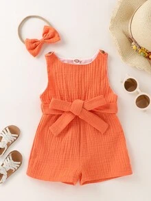 Rompers Em bé Thắt lưng Nút màu trơn - trái cam - Xem 3