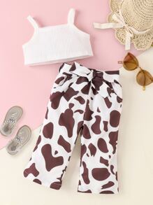 嬰兒螺紋針織吊帶短上衣和奶牛圖案腰帶闊腿褲 - 彩色 - 查看 1