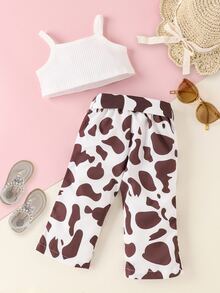 嬰兒螺紋針織吊帶短上衣和奶牛圖案腰帶闊腿褲 - 彩色 - 查看 2