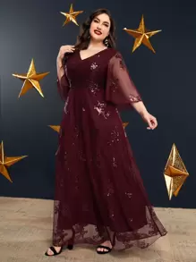 Modelyn Burgundy Red Plus Size Sequin Decor Mesh Dress - Burgundy - View 1