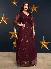 Modelyn Burgundy Red Plus Size Sequin Decor Mesh Dress - Burgundy - View 3