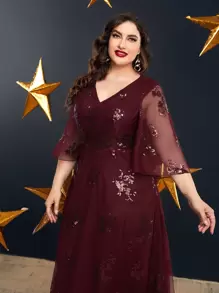Modelyn Burgundy Red Plus Size Sequin Decor Mesh Dress - Burgundy - View 4