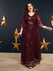 Modelyn Burgundy Red Plus Size Sequin Decor Mesh Dress - Burgundy - View 5