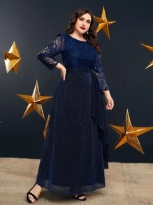 Modelyn 大碼蕾絲拼接圍裹下擺亮片洋裝 - 藏蓝色 - 查看 4