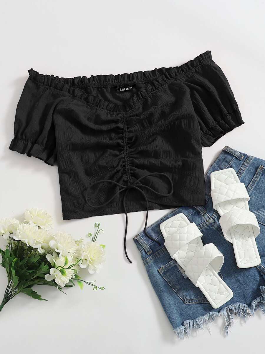 Soleia 大碼露肩褶邊前抽繩抽褶上衣 - 黑色 - 查看 1