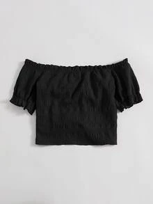 Soleia 大碼露肩褶邊前抽繩抽褶上衣 - 黑色 - 查看 2