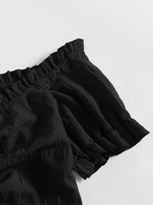 Soleia 大碼露肩褶邊前抽繩抽褶上衣 - 黑色 - 查看 3