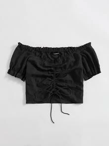 Soleia 大碼露肩褶邊前抽繩抽褶上衣 - 黑色 - 查看 5