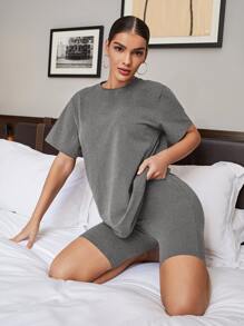 SHEIN BAE Bộ đồ hai mảnh nữ màu trơn Giải trí - Màu xám đen - Xem 1
