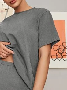 SHEIN BAE Bộ đồ hai mảnh nữ màu trơn Giải trí - Màu xám đen - Xem 2