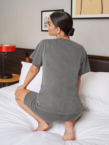 SHEIN BAE Bộ đồ hai mảnh nữ màu trơn Giải trí - Màu xám đen - Xem 3