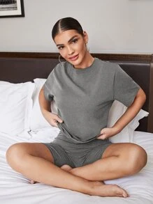 SHEIN BAE Bộ đồ hai mảnh nữ màu trơn Giải trí - Màu xám đen - Xem 4