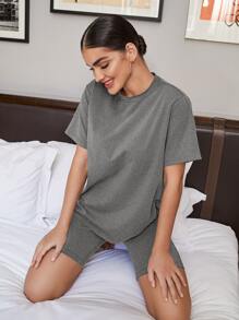 SHEIN BAE Bộ đồ hai mảnh nữ màu trơn Giải trí - Màu xám đen - Xem 5