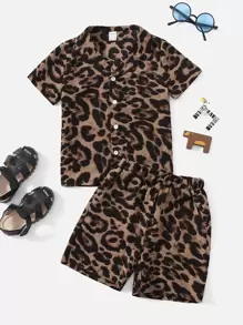 SHEIN Young Boy Leopard Print Button Through Top & Shorts Set - Multicolor - View 1