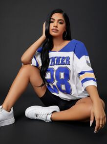 SHEIN SXY 拼色和字母圖案落肩長款T恤 - 藍色 - 查看 3