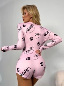 Letter & Paw Print Sleep Romper - Dusty Pink - View 2