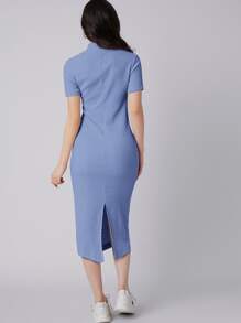 Mulvari Vestido ajustado de cuello alto de espalda con abertura - Azul - Ver 2