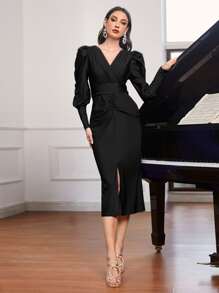 Modelyn Gigot Sleeve Ruched Split Thigh Dress - Black - View 1