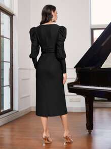 Modelyn Gigot Sleeve Ruched Split Thigh Dress - Black - View 2