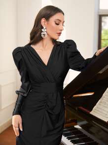 Modelyn Gigot Sleeve Ruched Split Thigh Dress - Black - View 3