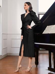 Modelyn Gigot Sleeve Ruched Split Thigh Dress - Black - View 4