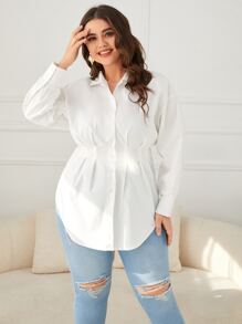 SHEIN Clasi 大碼落肩袖前紐扣弧形下擺襯衫 - 白色 - 查看 1