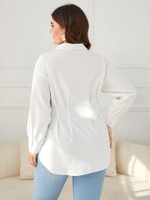 SHEIN Clasi 大碼落肩袖前紐扣弧形下擺襯衫 - 白色 - 查看 2