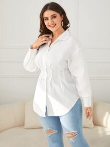 SHEIN Clasi 大碼落肩袖前紐扣弧形下擺襯衫 - 白色 - 查看 3