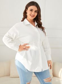 SHEIN Clasi 大碼落肩袖前紐扣弧形下擺襯衫 - 白色 - 查看 4