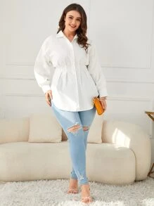 SHEIN Clasi 大碼落肩袖前紐扣弧形下擺襯衫 - 白色 - 查看 5