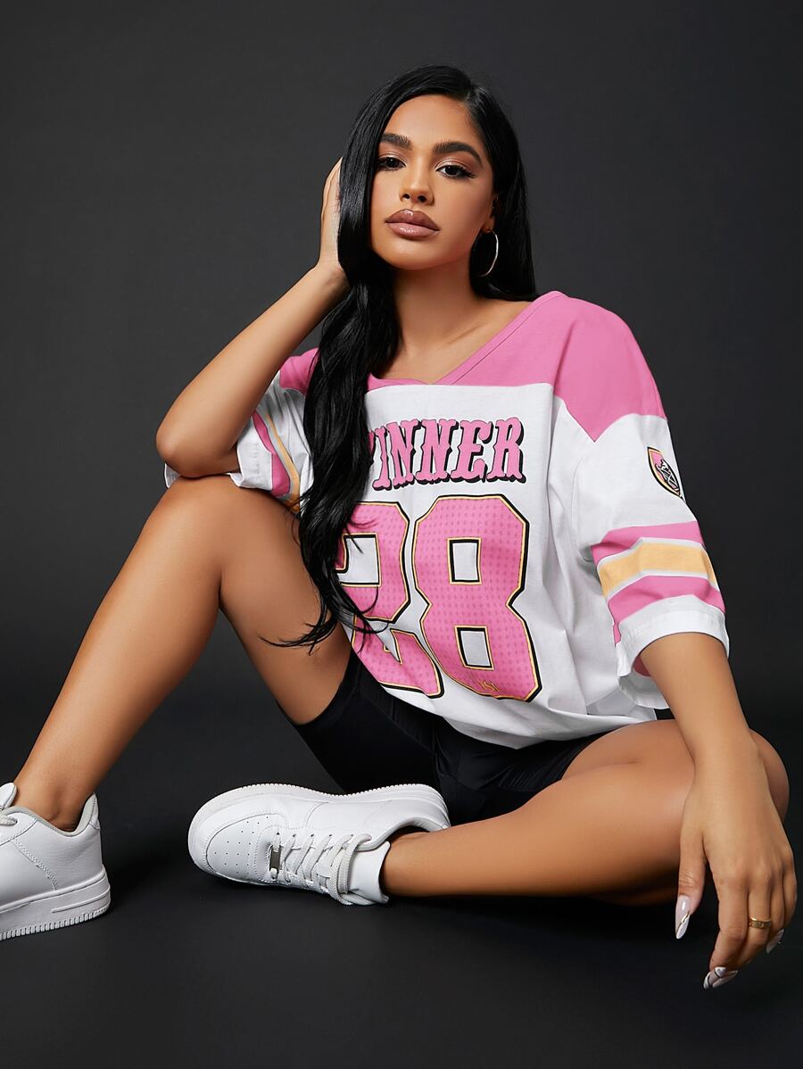 SHEIN SXY Áo thun nữ Lá thư Thể thao - Hồng - Xem 1