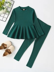 SHEIN Young Girl Ribbed Knit Peplum Top & Leggings - Dark Green - View 1