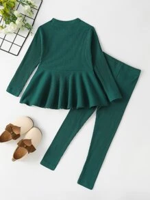 SHEIN Young Girl Ribbed Knit Peplum Top & Leggings - Dark Green - View 2