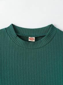 SHEIN Young Girl Ribbed Knit Peplum Top & Leggings - Dark Green - View 3