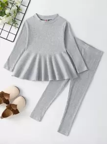 小女童條紋針織花邊下擺上衣和緊身打底褲 - 淺灰色 - 查看 1