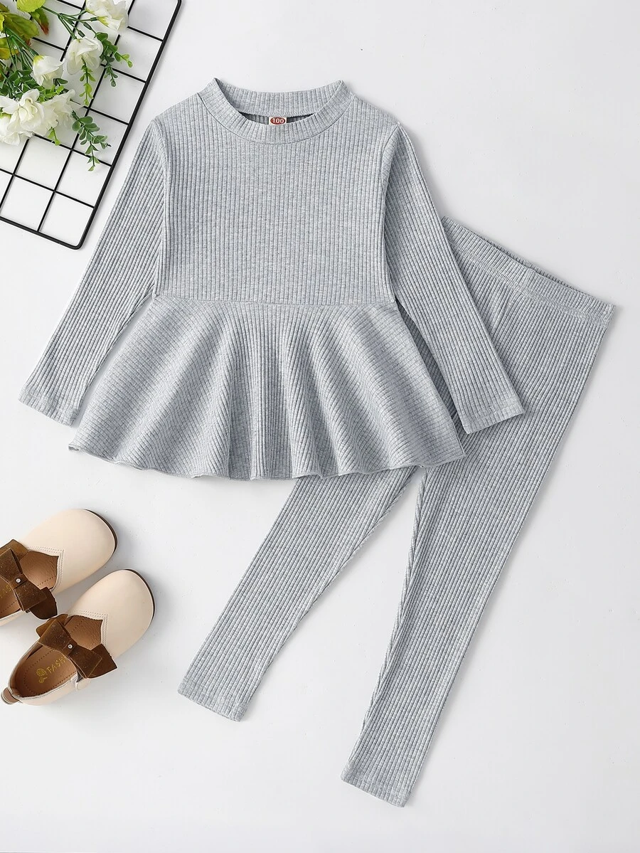 小女童條紋針織花邊下擺上衣和緊身打底褲 - 淺灰色 - 查看 1
