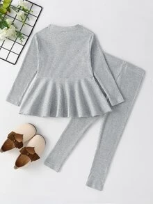 小女童條紋針織花邊下擺上衣和緊身打底褲 - 淺灰色 - 查看 2