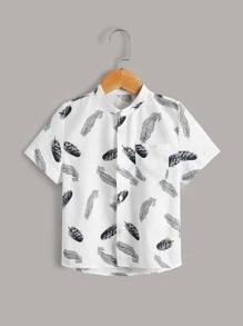 SHEIN Toddler Boys Feather Print Button Front Shirt - White - View 1