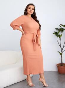 SHEIN Clasi Plus Solid Zip Back Belted Dress - Coral Orange - View 3